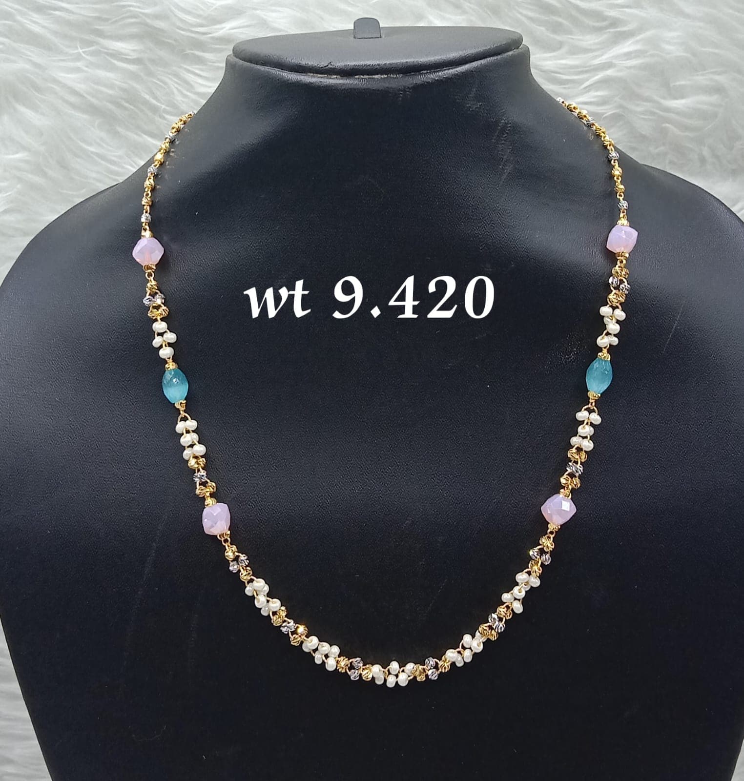 Gold Pearl Maalaa with Pastel Gemstone Beads