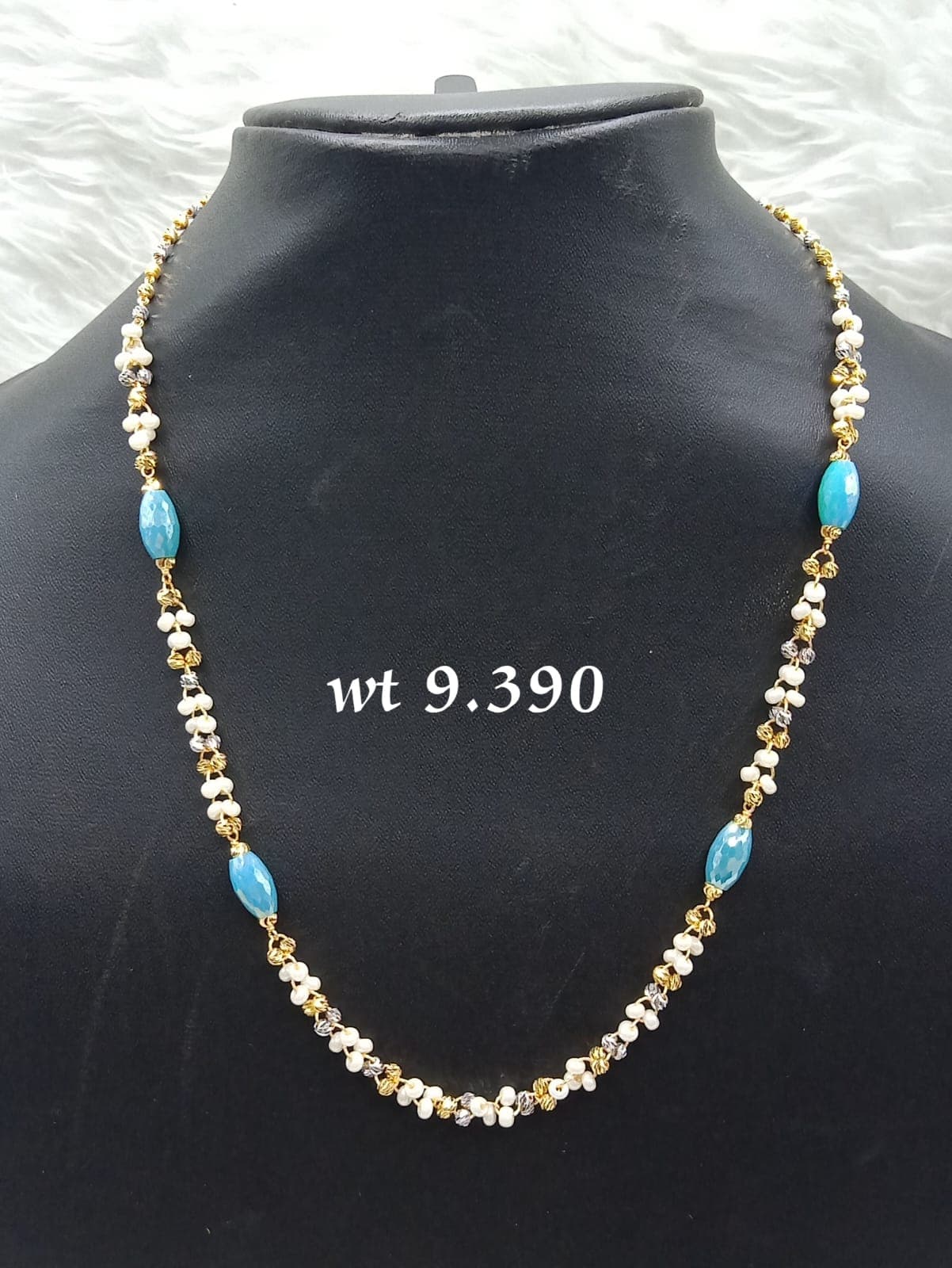 Pearl and Blue Bead Gold Mala Necklace