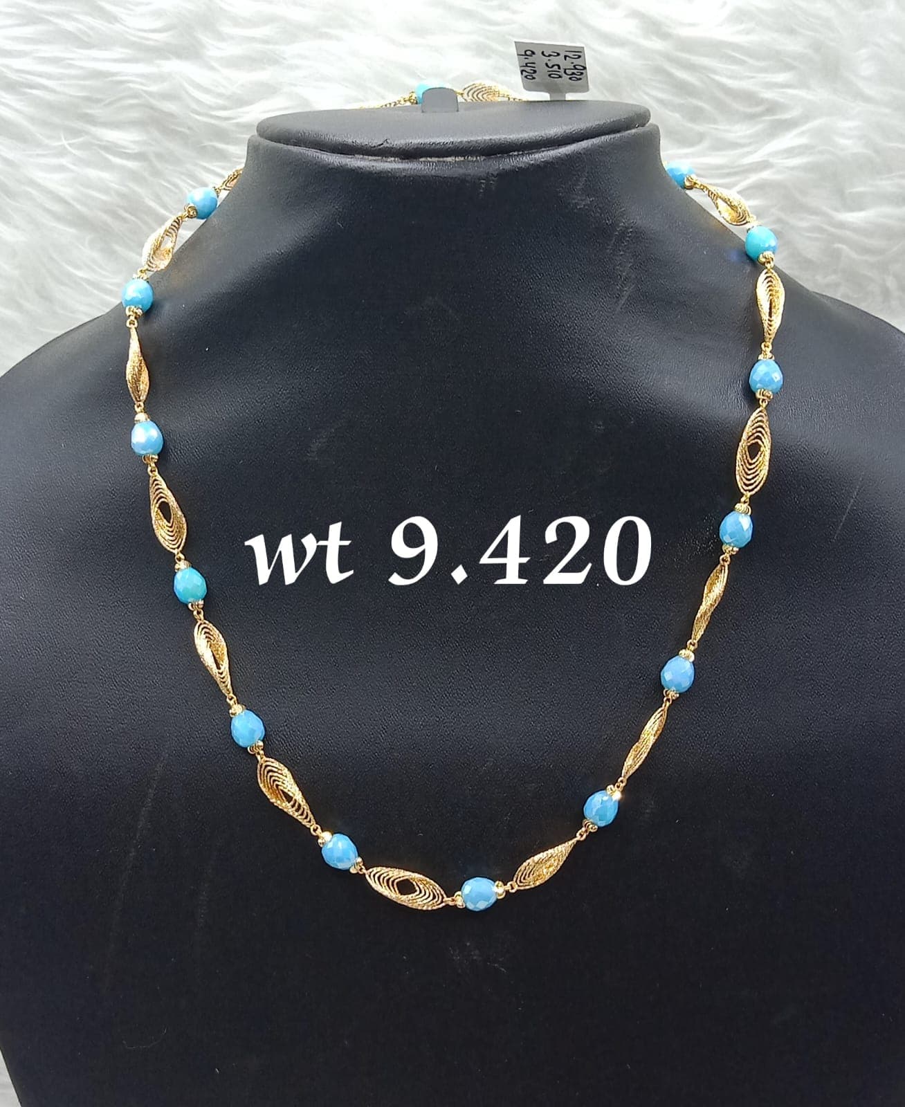 Gold Filigree and Blue Bead Chain Necklace