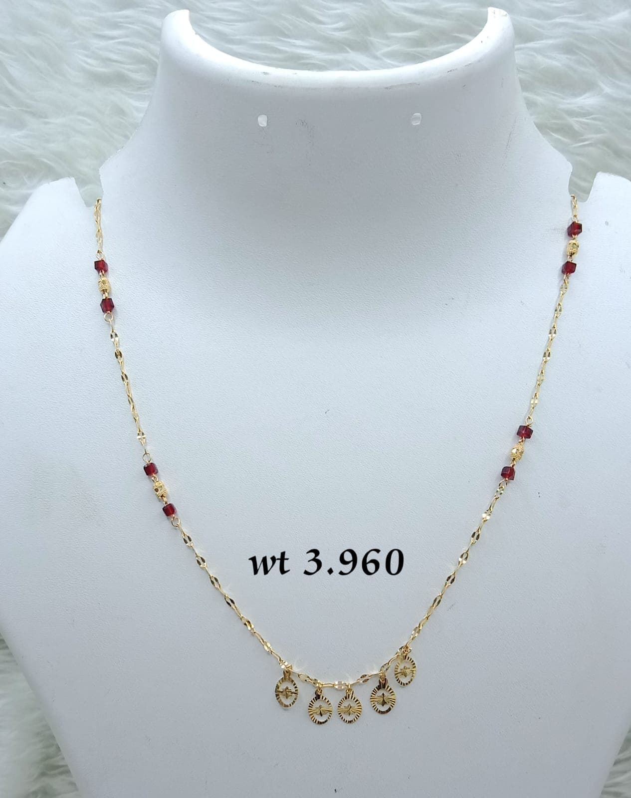 Gold Chain Necklace with Red Beads and Charms