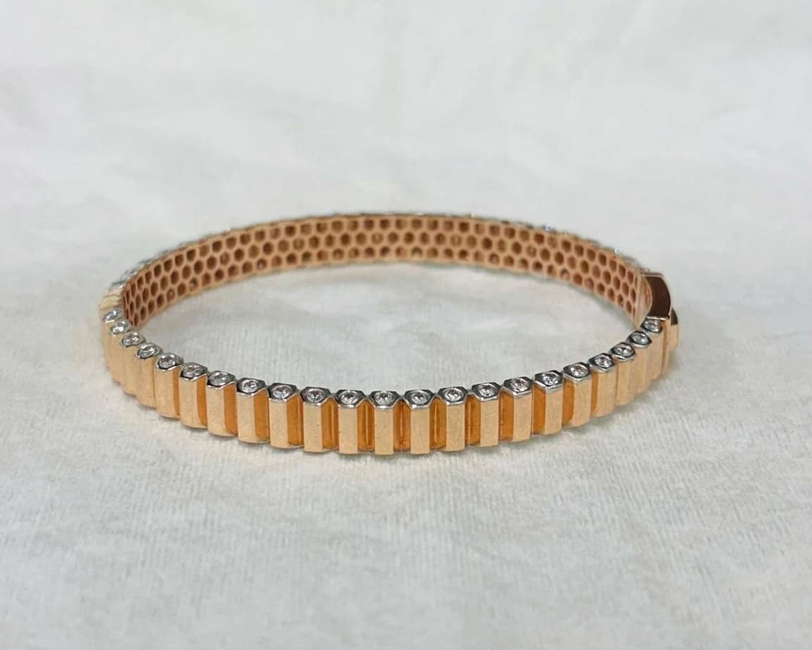 Fluted CZ Studded Gold Kada Bangle